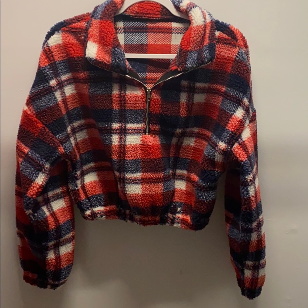 Romwe cropped plaid fuzzy jacket